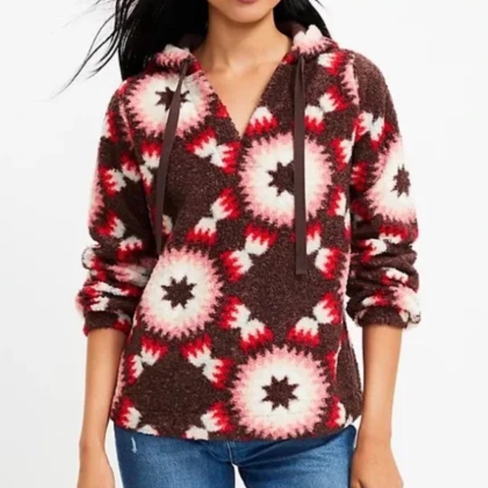 LOFT Sunburst Sherpa Brown and Red Patterned Sweatshirt